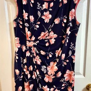 Connected Apparel Navy and Pink Floral Draped Midi Dress